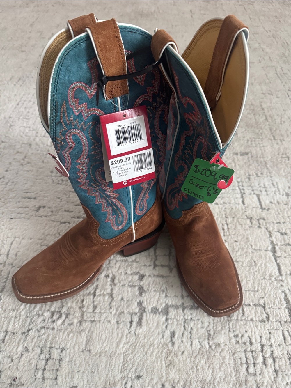 Justin Boots Brown Suede & Teal Embroidered Western Cowboy Boots